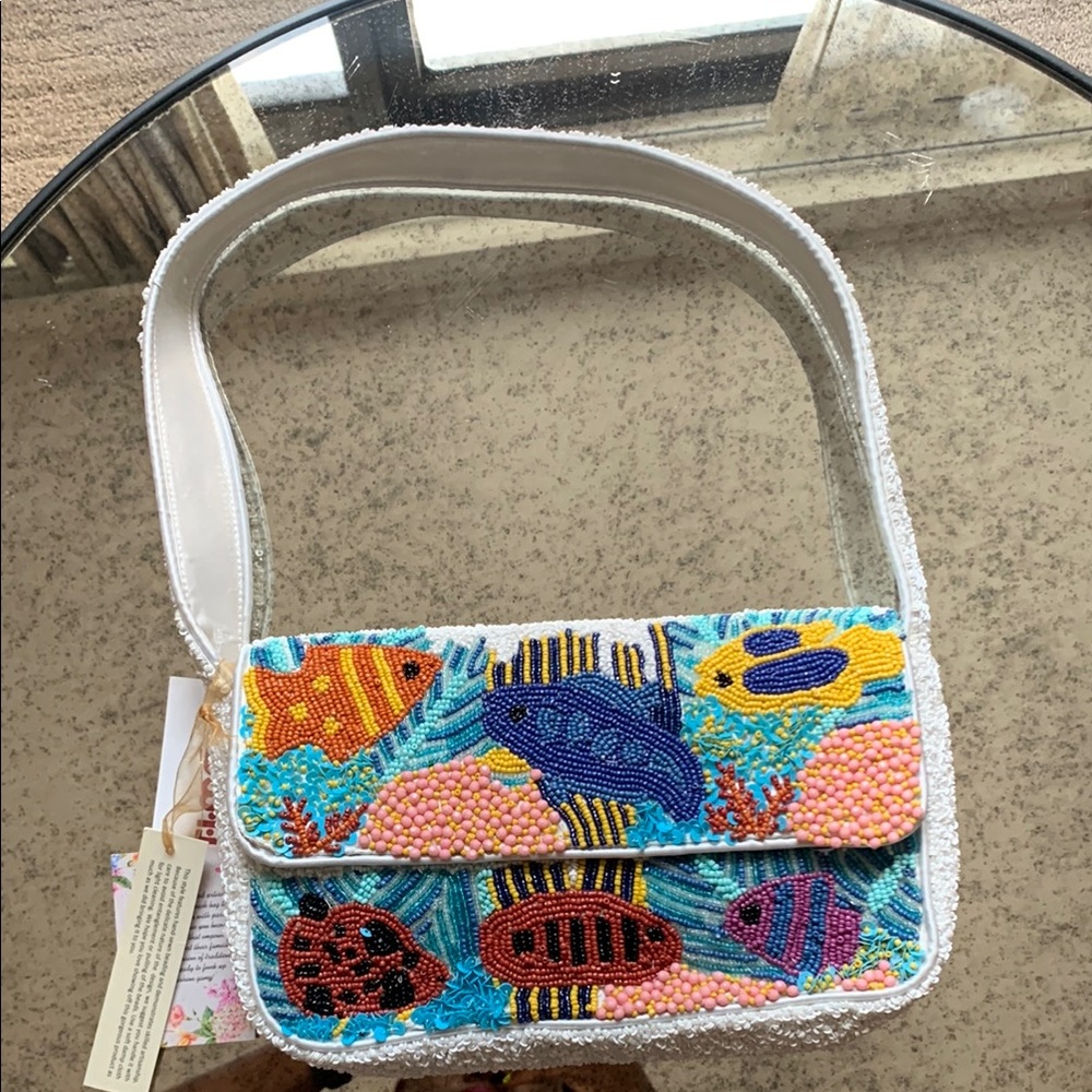 Sequin White and Blue Tropical Shoulder Bag with Structured Design